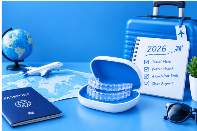 ALIGNERCO aligner case beside a passport, suitcase, and 2026 bucket list