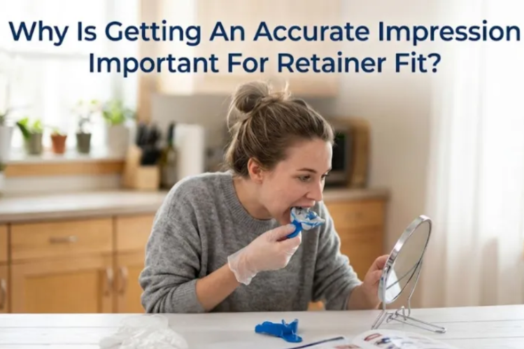 Woman taking an at-home dental impression for a retainer fit
