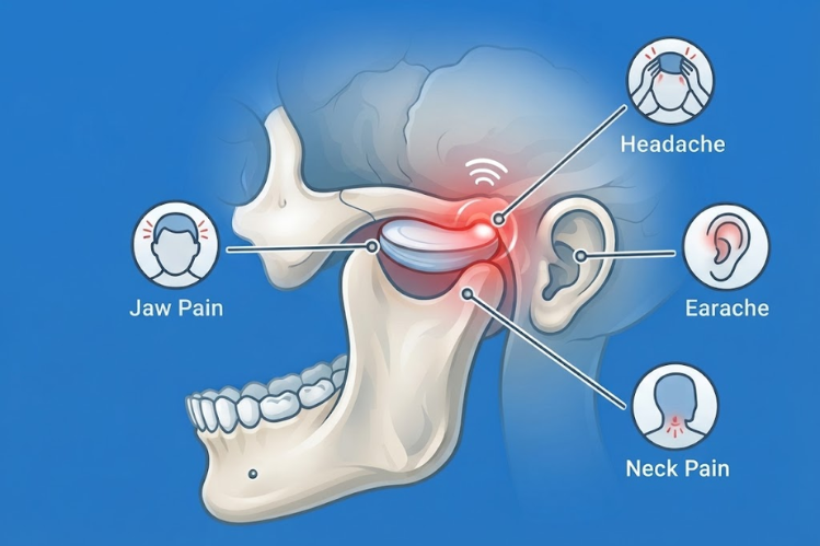Jaw joint diagram linking jaw popping to headache, earache and neck pain