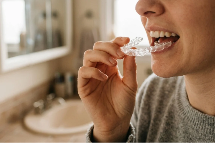 Woman inserting a clear retainer in front of a bathroom mirror