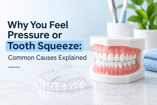 Dental model with clear aligner illustrating causes of tooth pressure and squeeze