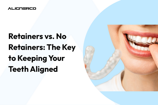 A girl smiling with one retainer on her teeth and one in her hand 