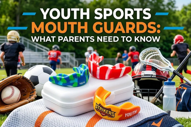 Colorful youth sports mouth guards with sports balls and gear