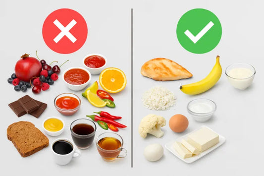A side-by-side image of foods to avoid with braces and foods to eat with braces