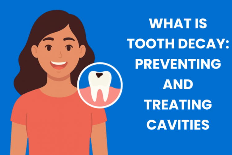An illustration of a girl smiling with a decayed tooth highlighted